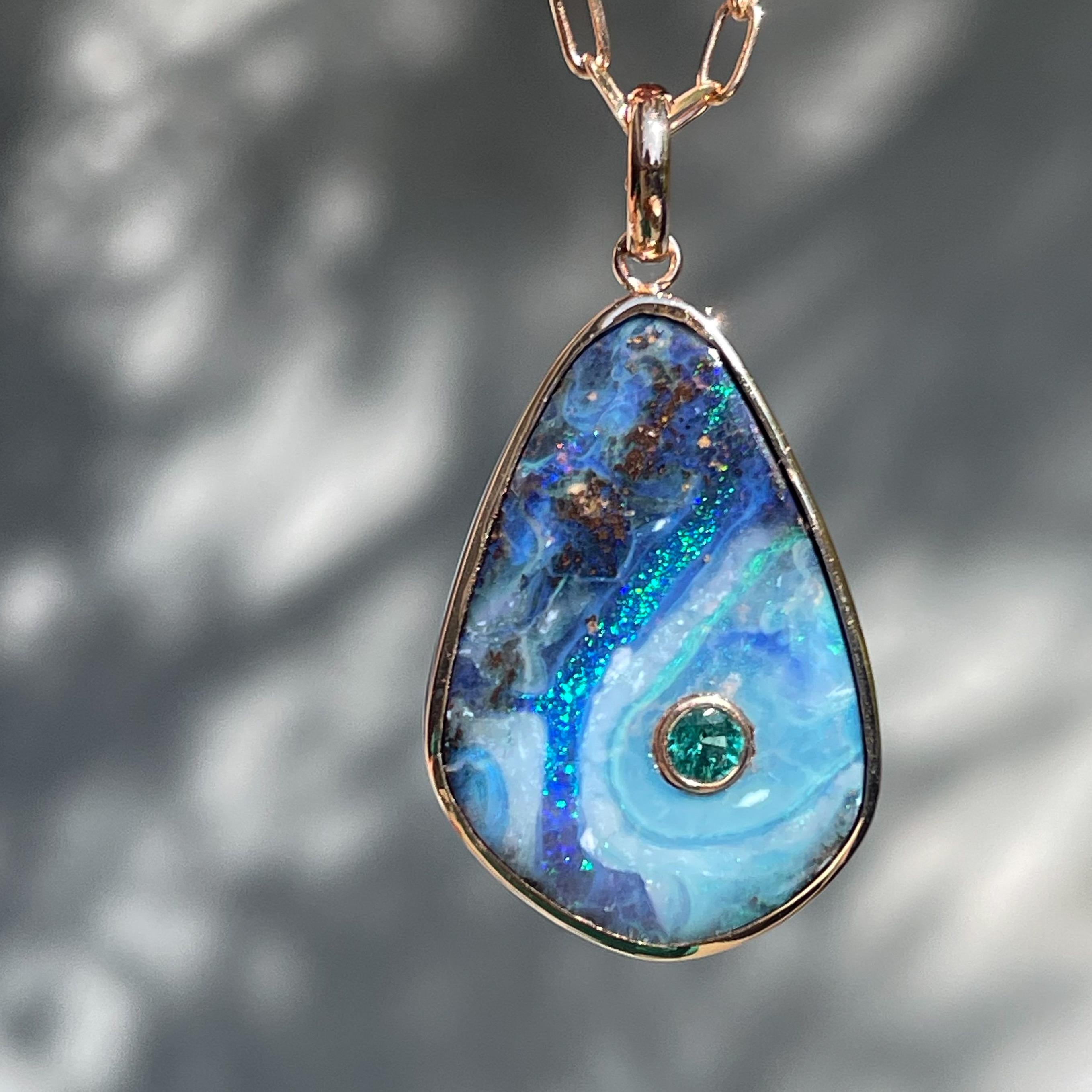 Contemporary Emerald River Australian Opal Necklace with Emerald & Rose Gold by NIXIN Jewelry