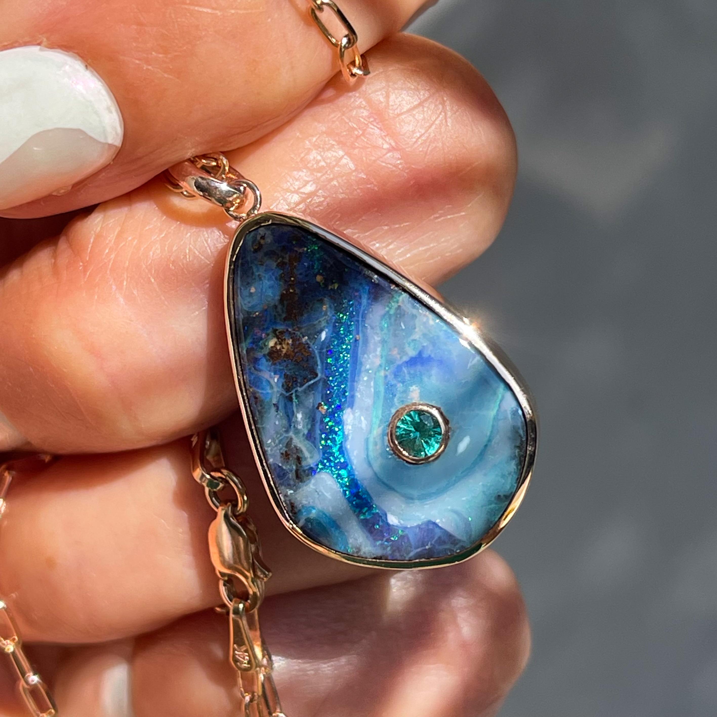 Women's Emerald River Australian Opal Necklace with Emerald & Rose Gold by NIXIN Jewelry