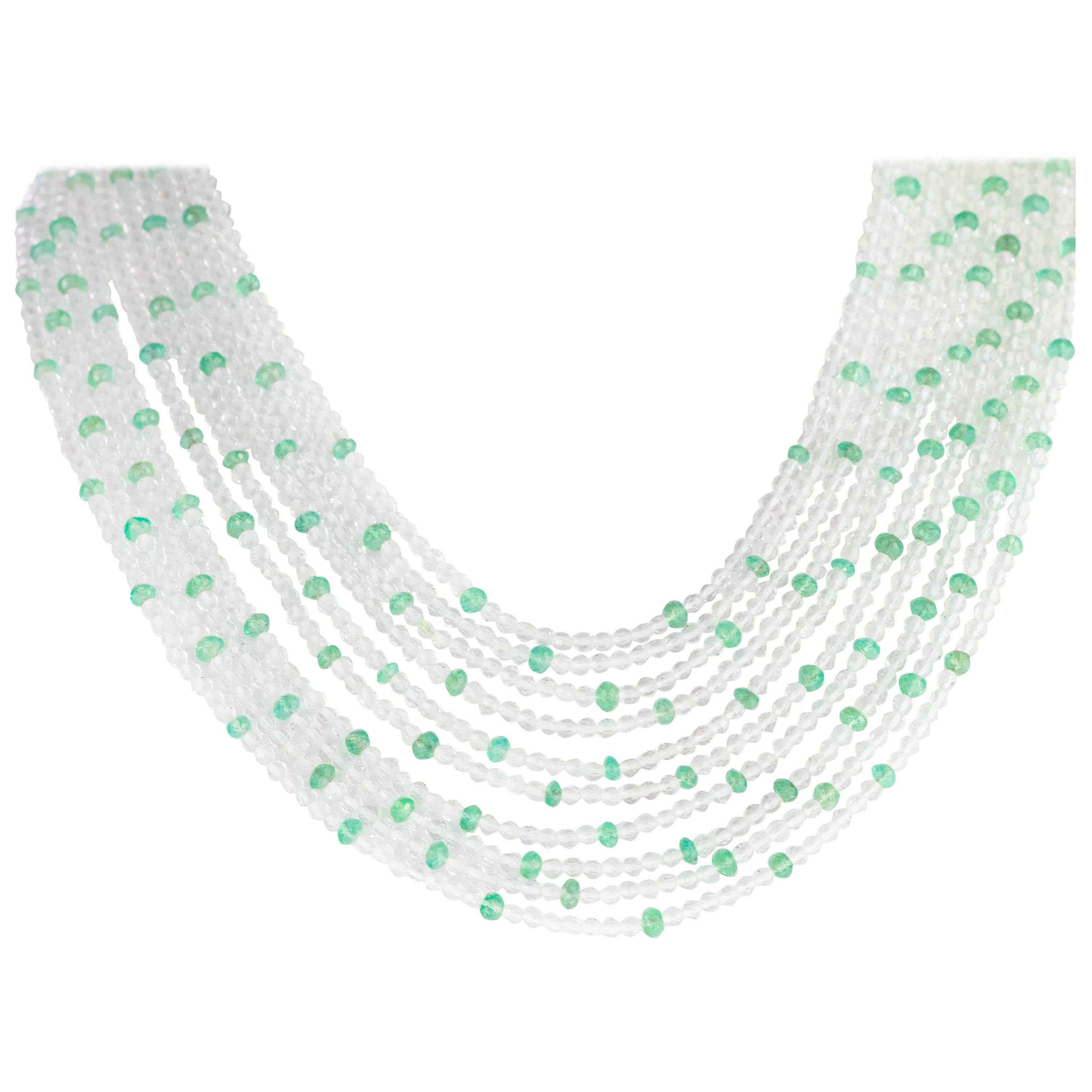Emerald Rock Crystal 925 Sterling Silver Multi Strand Beaded Cocktail Necklace