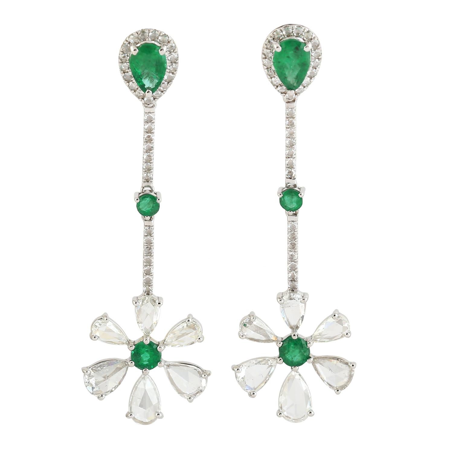 Contemporary Emerald Rose Cut Diamond 14 Karat Gold Linear Flower Drop Earrings For Sale