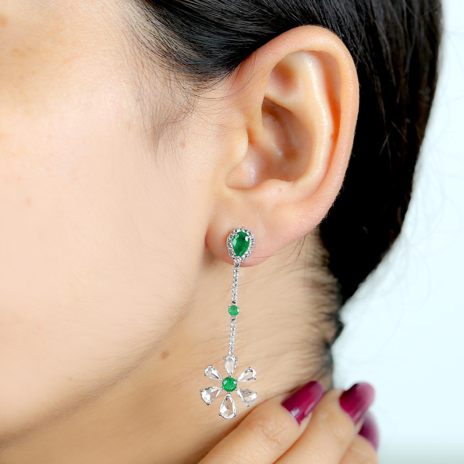 Emerald Rose Cut Diamond 14 Karat Gold Linear Flower Drop Earrings In New Condition For Sale In Hoffman Estate, IL