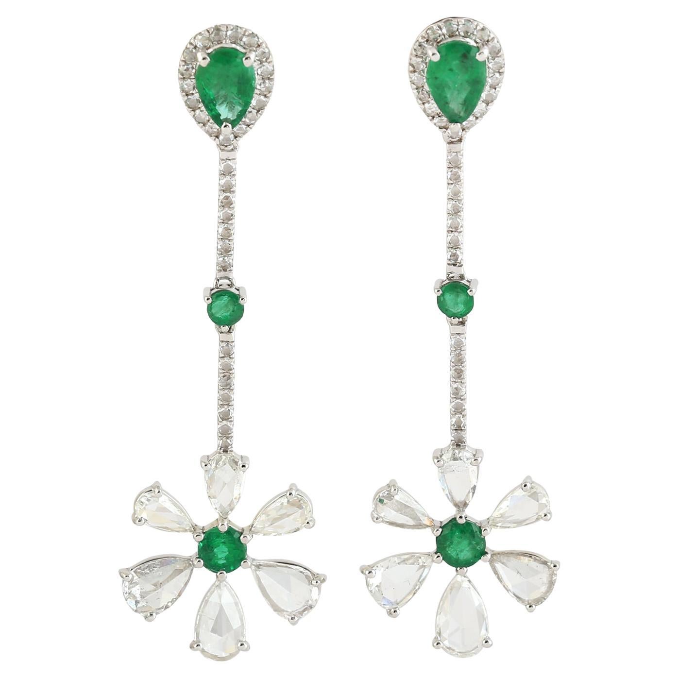 Emerald Rose Cut Diamond 14 Karat Gold Linear Flower Drop Earrings For Sale
