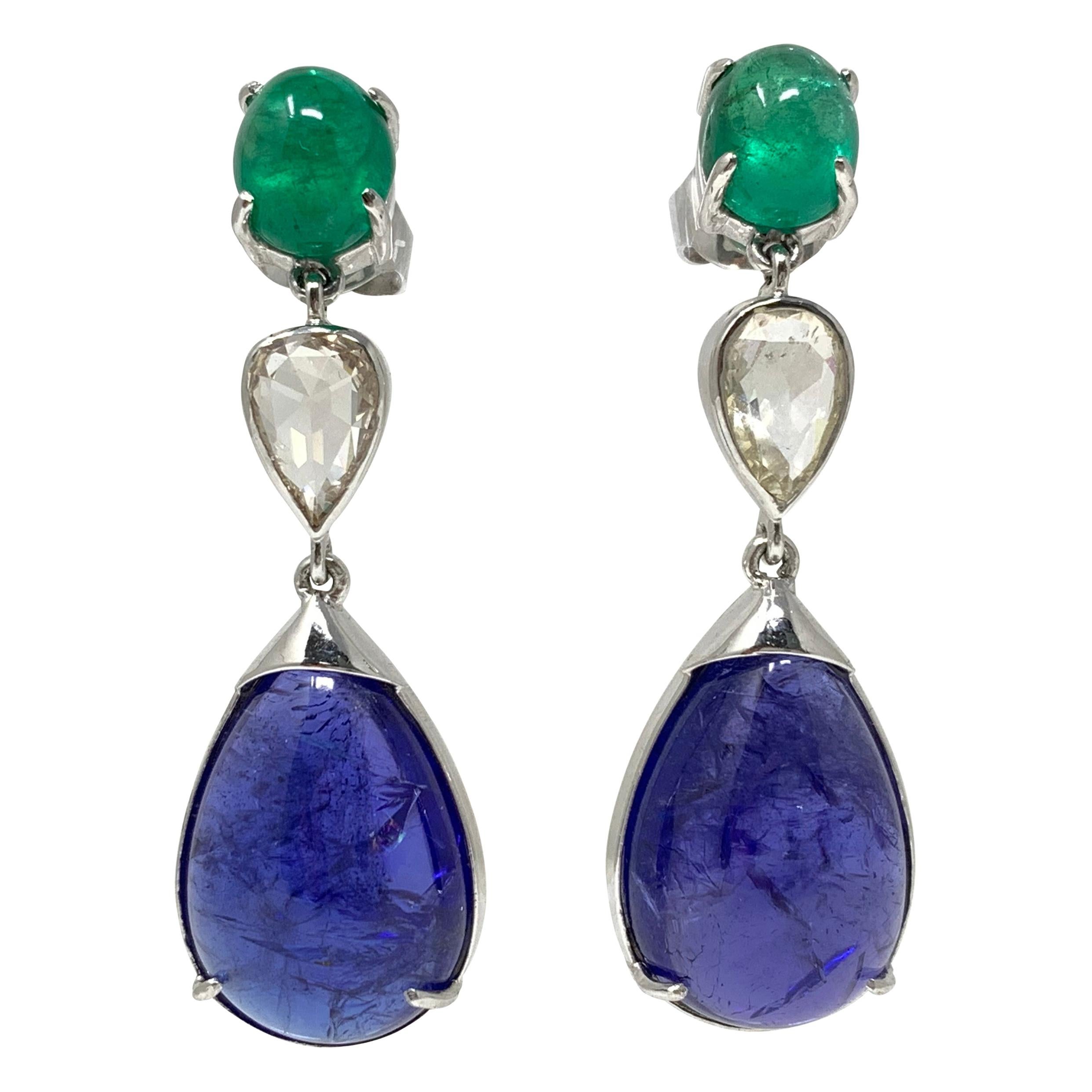 Emerald, Rose Cut Diamond and Tanzanite Chandelier Earrings in 18 Karat Gold