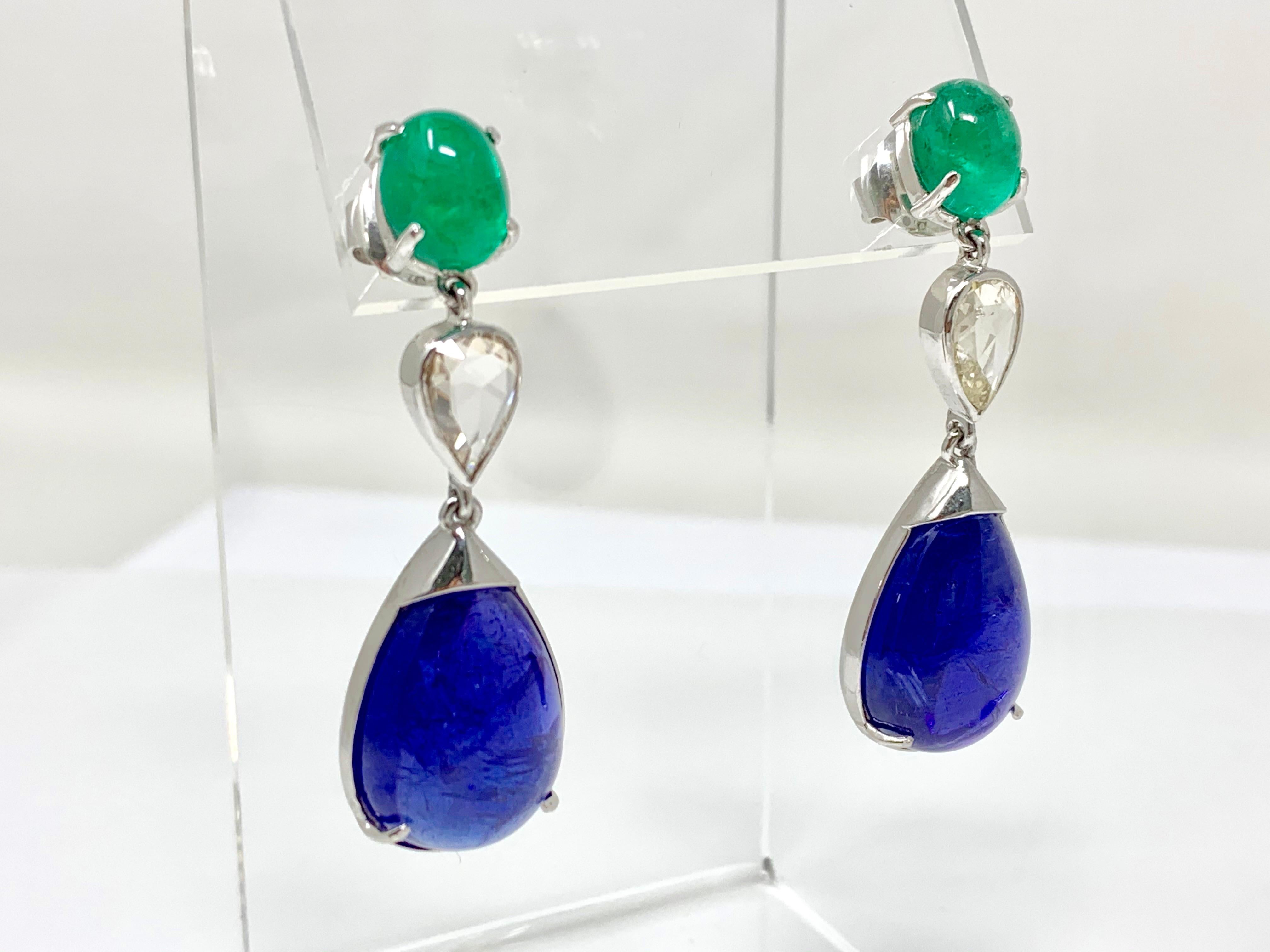 Contemporary Emerald, Rose Cut Diamond and Tanzanite Chandelier Earrings in 18 Karat Gold For Sale
