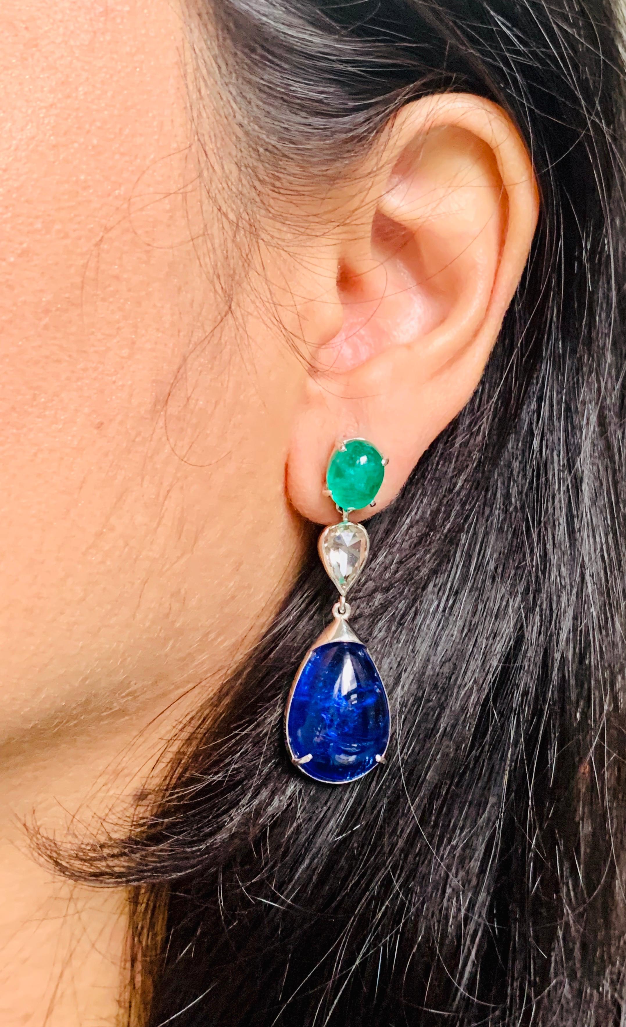 Women's Emerald, Rose Cut Diamond and Tanzanite Chandelier Earrings in 18 Karat Gold For Sale