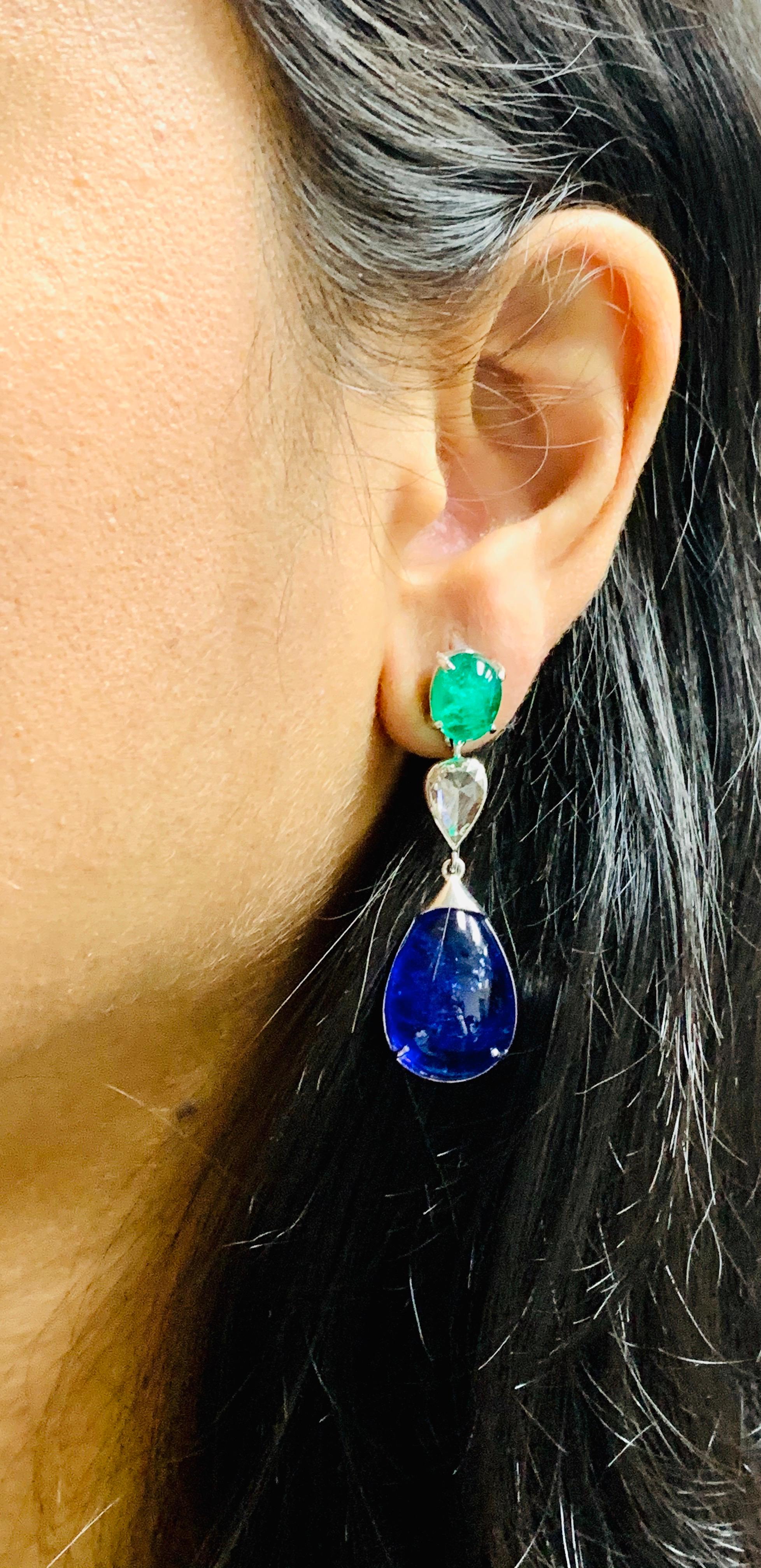 Emerald, Rose Cut Diamond and Tanzanite Chandelier Earrings in 18 Karat Gold For Sale 1