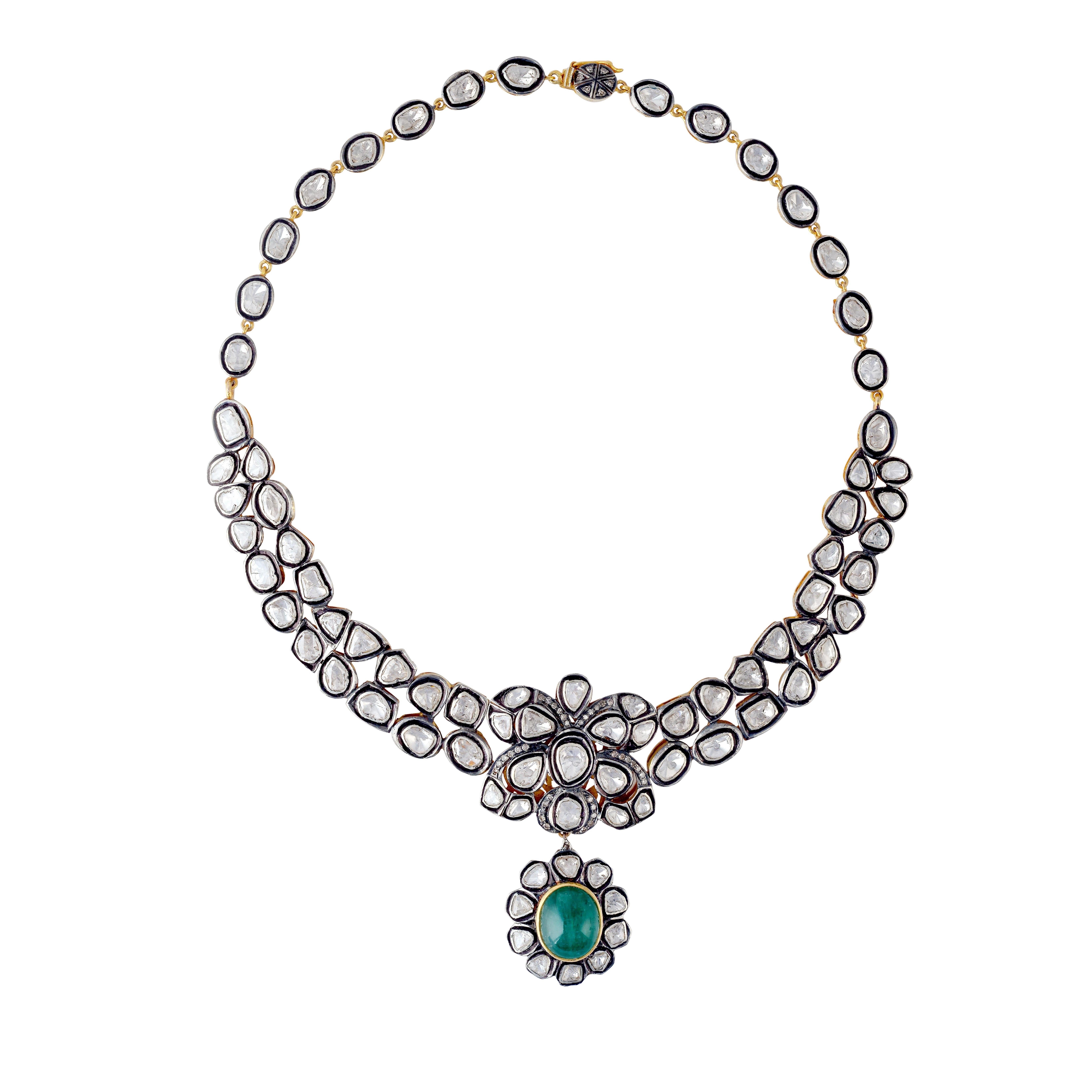 Halskette im antiken Stil mit Smaragd und Diamant im Rosenschliff (Kunsthandwerker*in) im Angebot