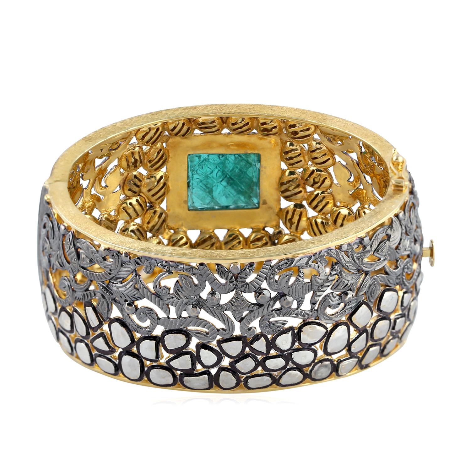 Art Deco Carved Emerald & Rose Cut Diamond Cuff Bracelet In 18k Gold & Silver For Sale