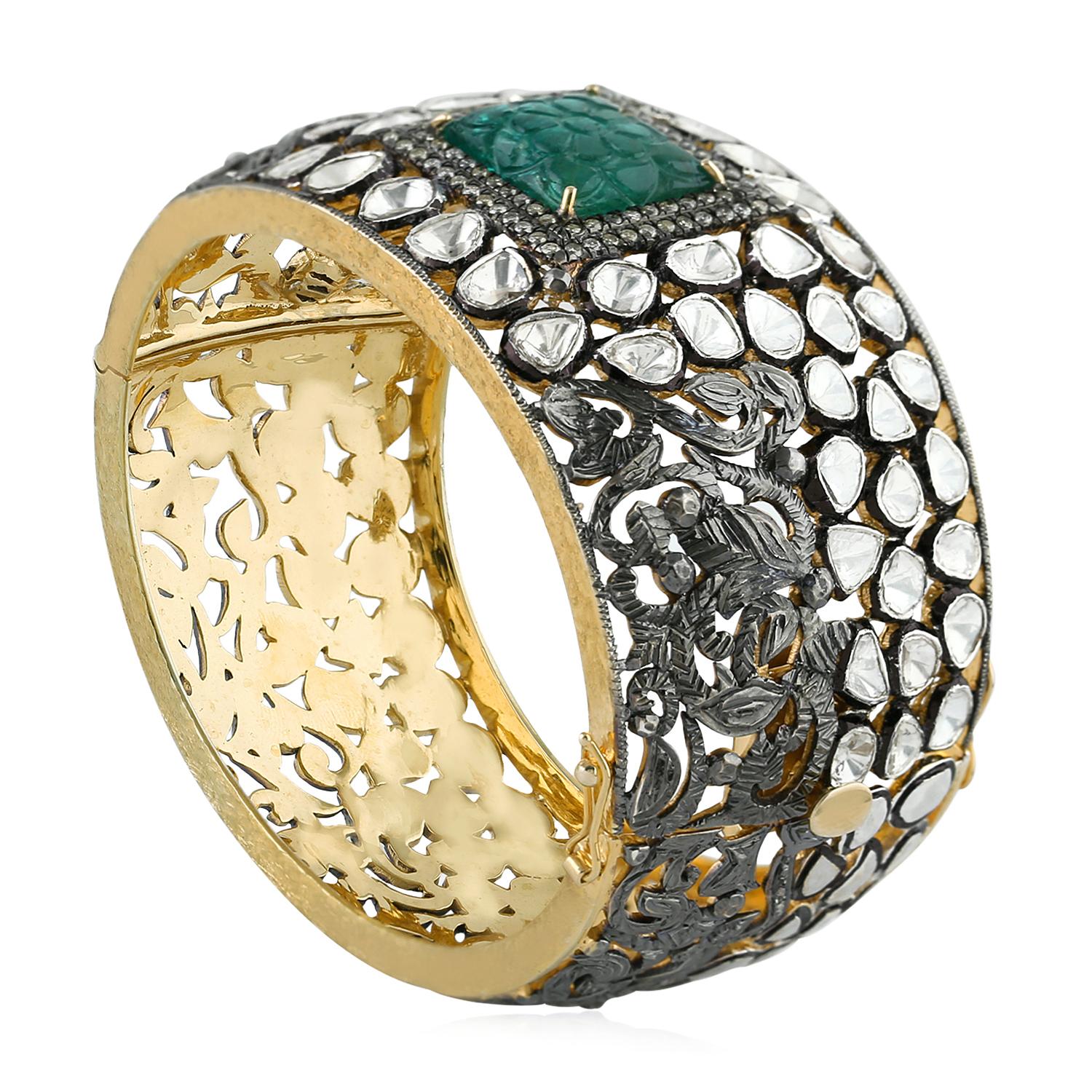 Mixed Cut Carved Emerald & Rose Cut Diamond Cuff Bracelet In 18k Gold & Silver For Sale