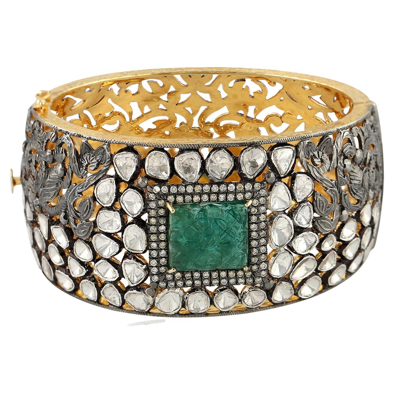 Carved Emerald & Rose Cut Diamond Cuff Bracelet In 18k Gold & Silver