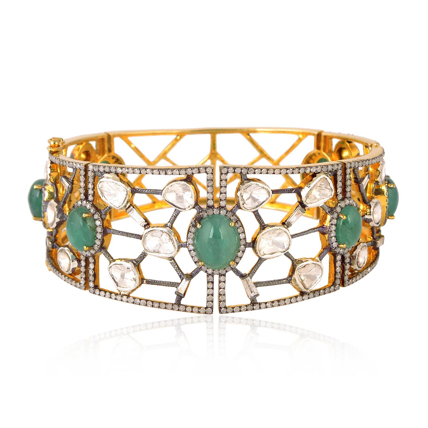 Art Deco Emerald & Rose Cut Diamond Cuff Bracelet with Grill Pattern in 18k Gold & Silver For Sale