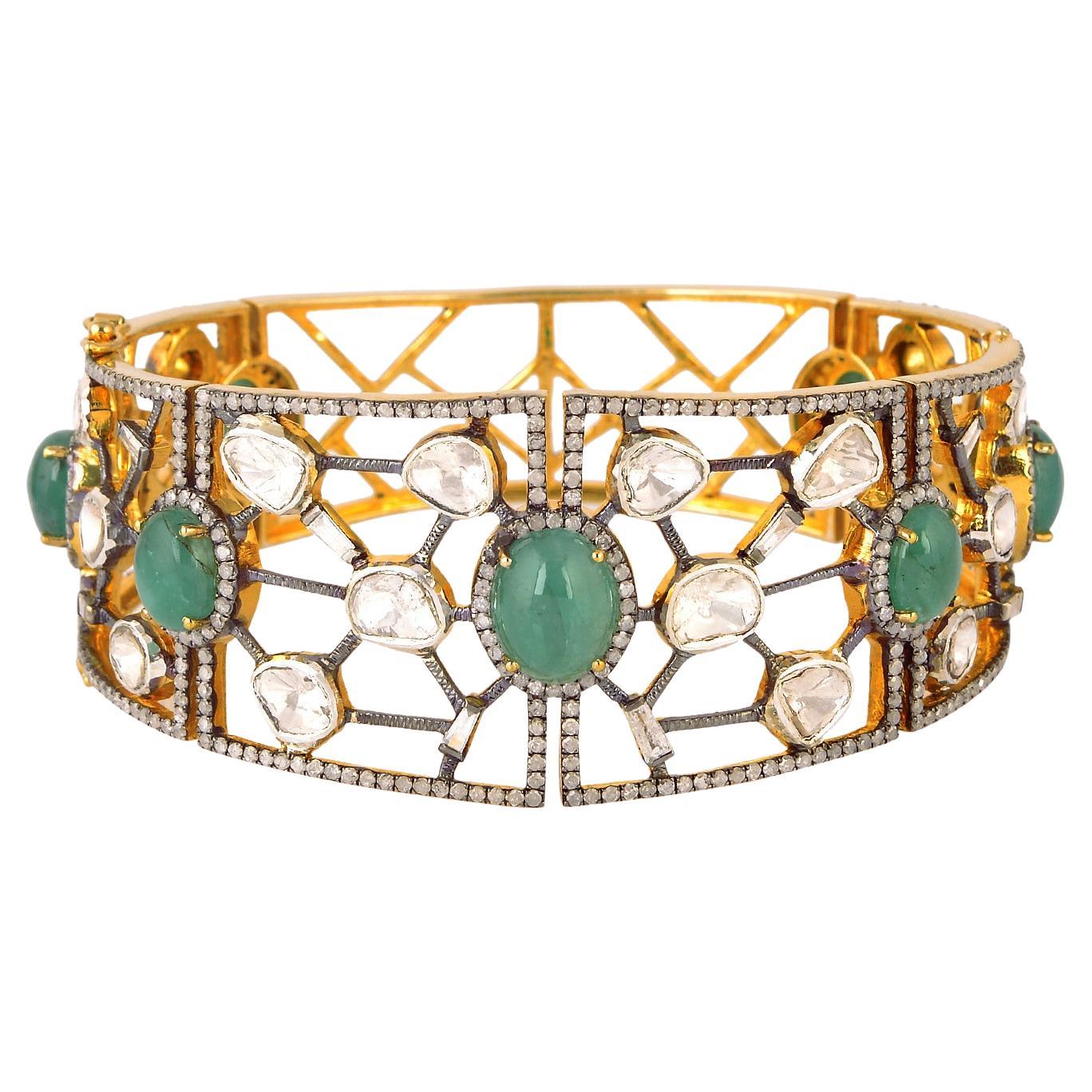 Emerald & Rose Cut Diamond Cuff Bracelet with Grill Pattern in 18k Gold & Silver For Sale