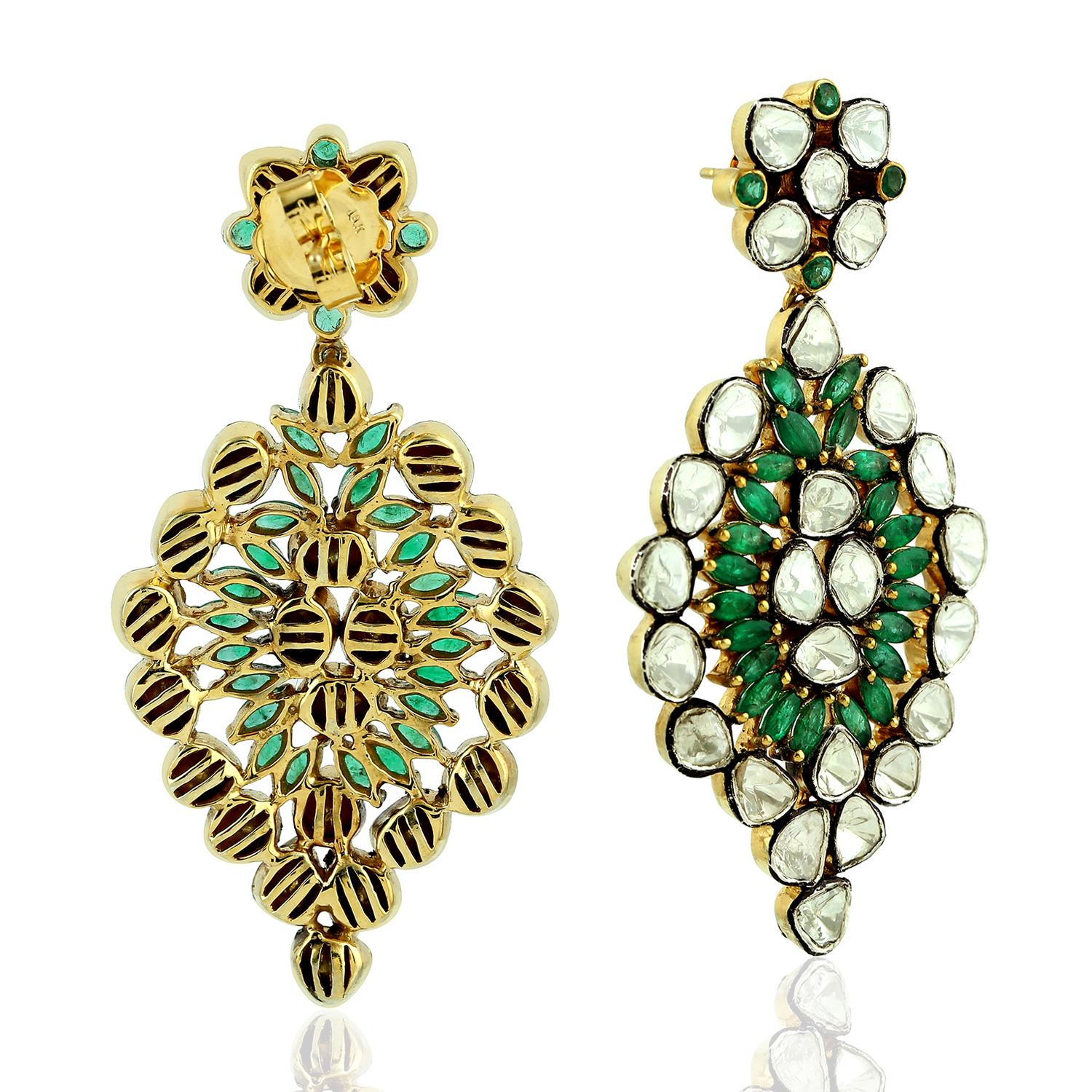 Artisan 9.89 carats Rose Cut Diamond Emerald Earrings For Sale