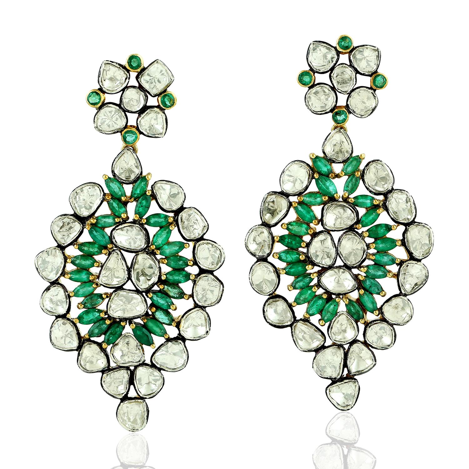 9.89 carats Rose Cut Diamond Emerald Earrings In New Condition For Sale In Hoffman Estate, IL