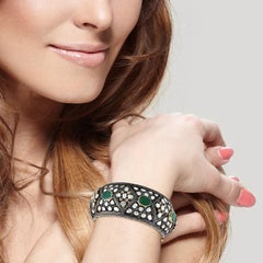 Emerald & Rose Cut Diamonds Bangle with Carved Grill Made in 14k Gold & Silver