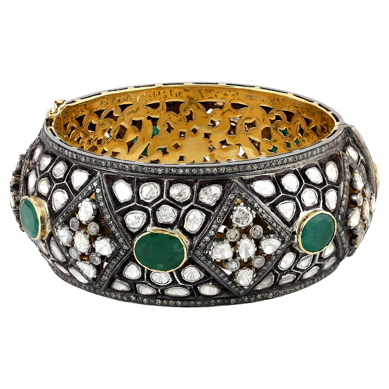 Emerald & Rose Cut Diamonds Bangle with Carved Grill Made in 14k Gold & Silver