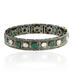 Emerald & Rose Cut Diamonds Bangle With Pave Diamonds Made In 14k Gold & Silver