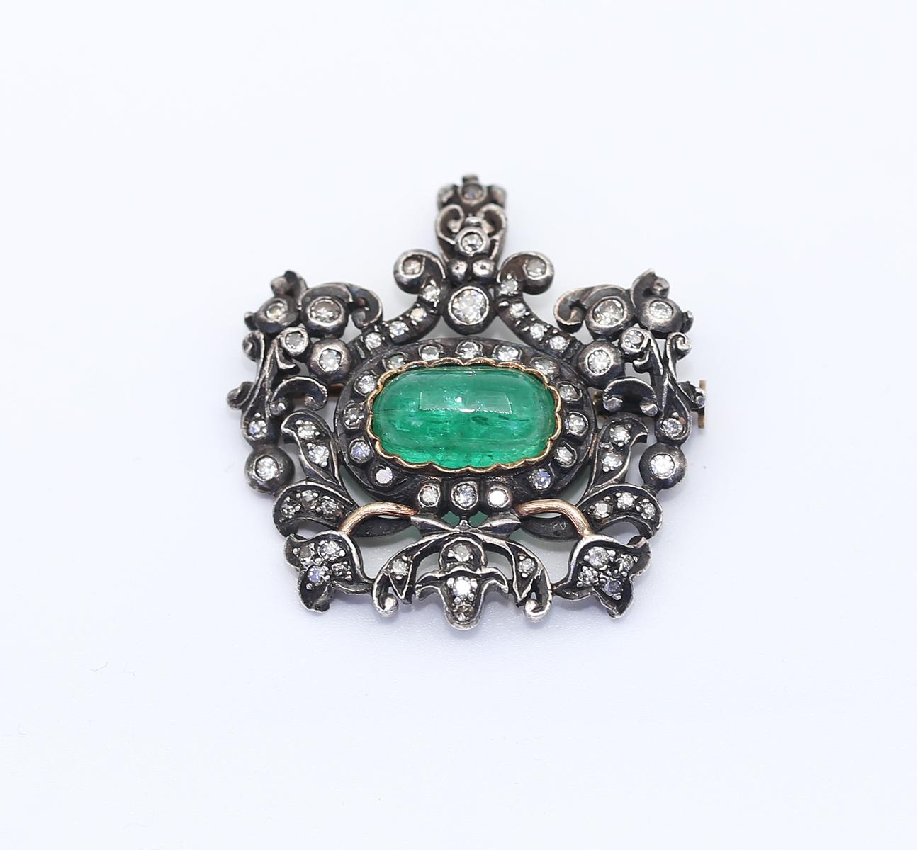Rose Cut Emerald Rose-cut Diamonds Brooch Pin Pendant Silver Gold, 1890. For Sale