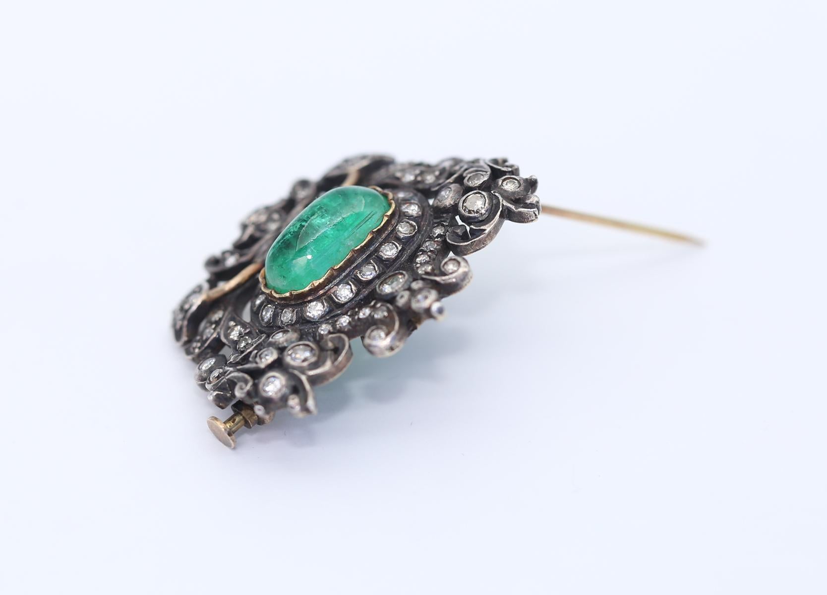 Women's or Men's Emerald Rose-cut Diamonds Brooch Pin Pendant Silver Gold, 1890. For Sale