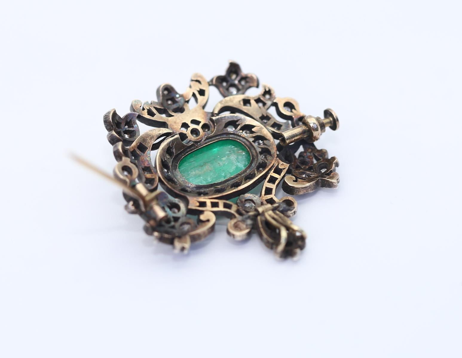Emerald Rose-cut Diamonds Brooch Pin Pendant Silver Gold, 1890. For Sale 1