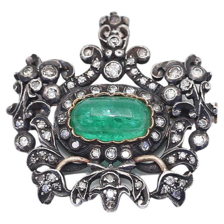 Emerald Rose-cut Diamonds Brooch Pin Pendant Silver Gold, 1890. For Sale