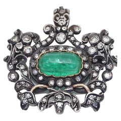 Antique Emerald Rose-cut Diamonds Brooch Pin Pendant Silver Gold, 1890.