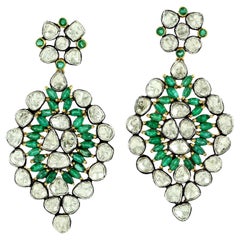 Pendientes Colgantes de Esmeralda y Diamantes talla Rosa de Oro Amarillo de 18k