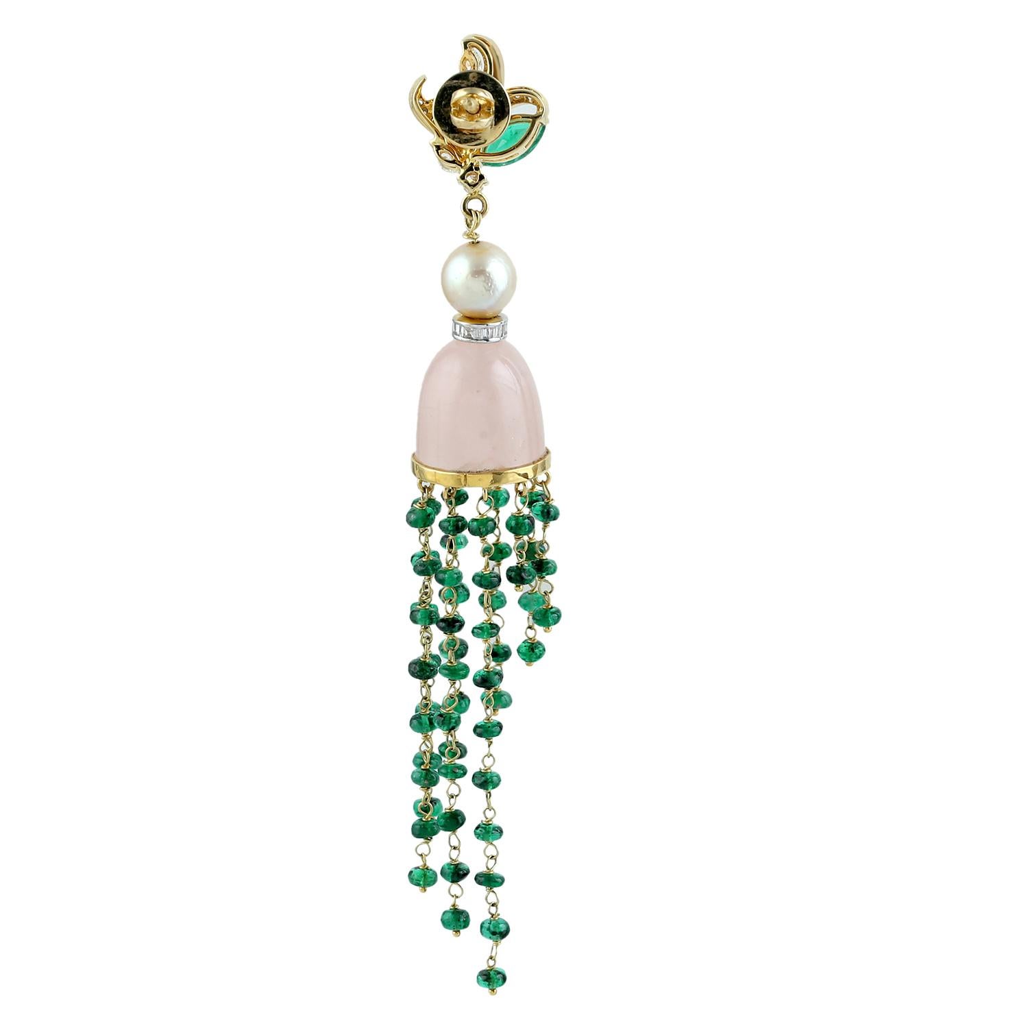Modern Emerald Rose Quartz Pearl 18 Karat Gold Diamond Earrings For Sale