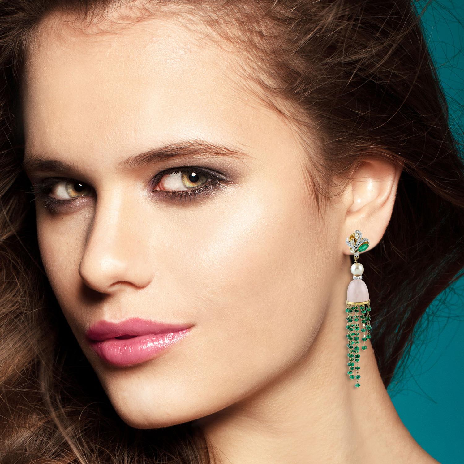 Mixed Cut Emerald Rose Quartz Pearl 18 Karat Gold Diamond Earrings For Sale