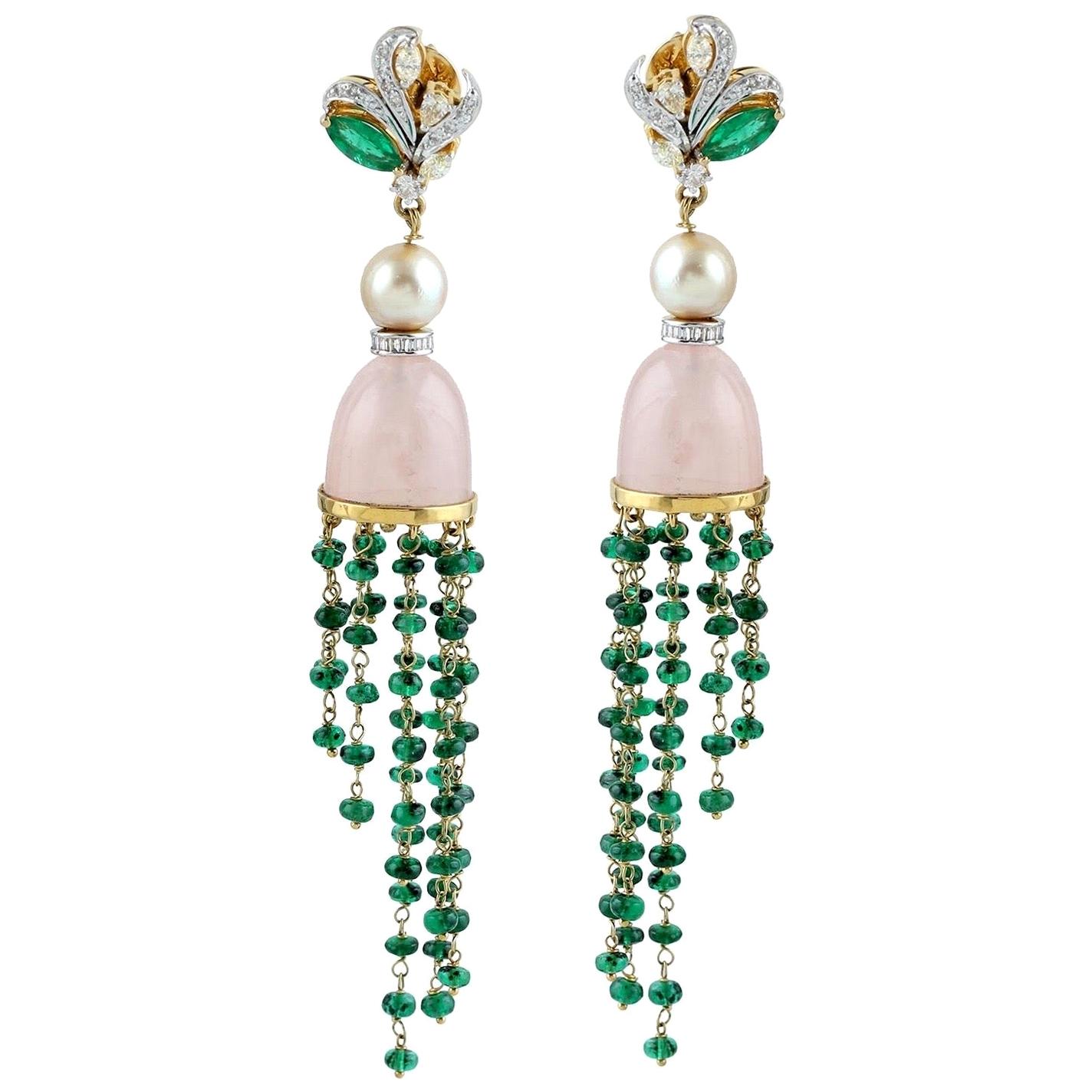 Boucles d'oreilles en or 18 carats, émeraude, quartz rose et perle