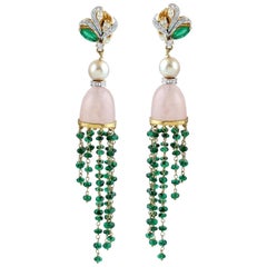 Emerald Rose Quartz Pearl 18 Karat Gold Diamond Earrings