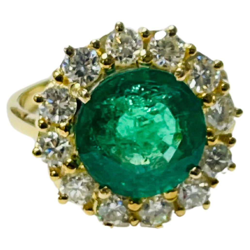 Emerald Round and Diamond Engagement Ring In 18k Yellow Gold. For Sale