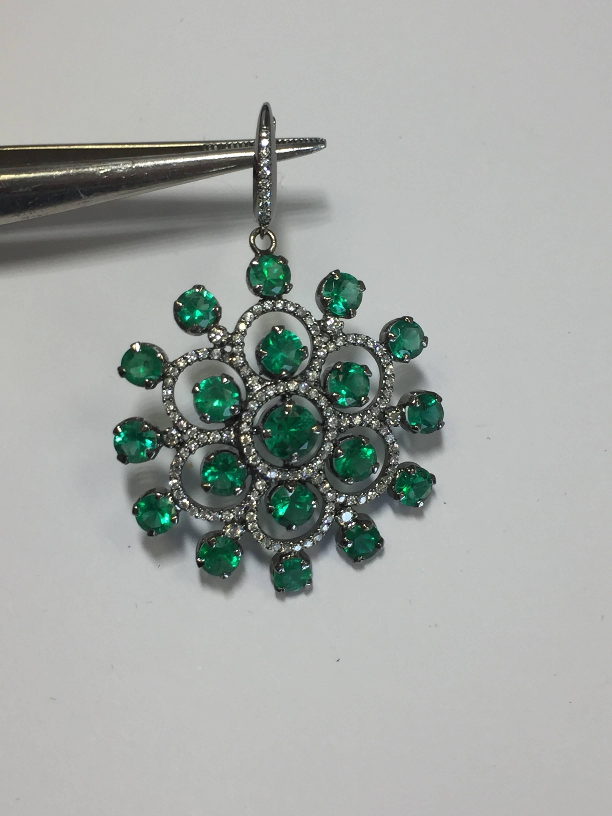 Round Cut Emerald Round and White Diamond Dangle Earrings in 18 Karat White Gold