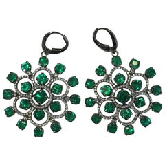 Emerald Round and White Diamond Dangle Earrings in 18 Karat White Gold