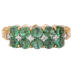 Emerald round Cabochon and diamond ring in 14K Gold