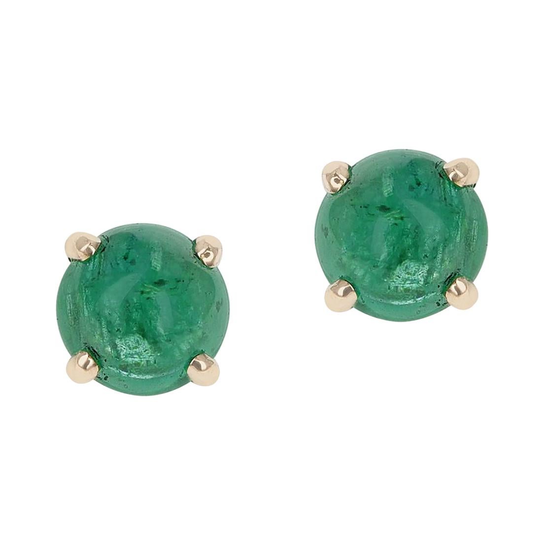 Emerald Round Cabochon Stud Earrings Made in 14 Karat Yellow Gold