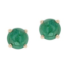Emerald Round Cabochon Stud Earrings Made in 14 Karat Yellow Gold