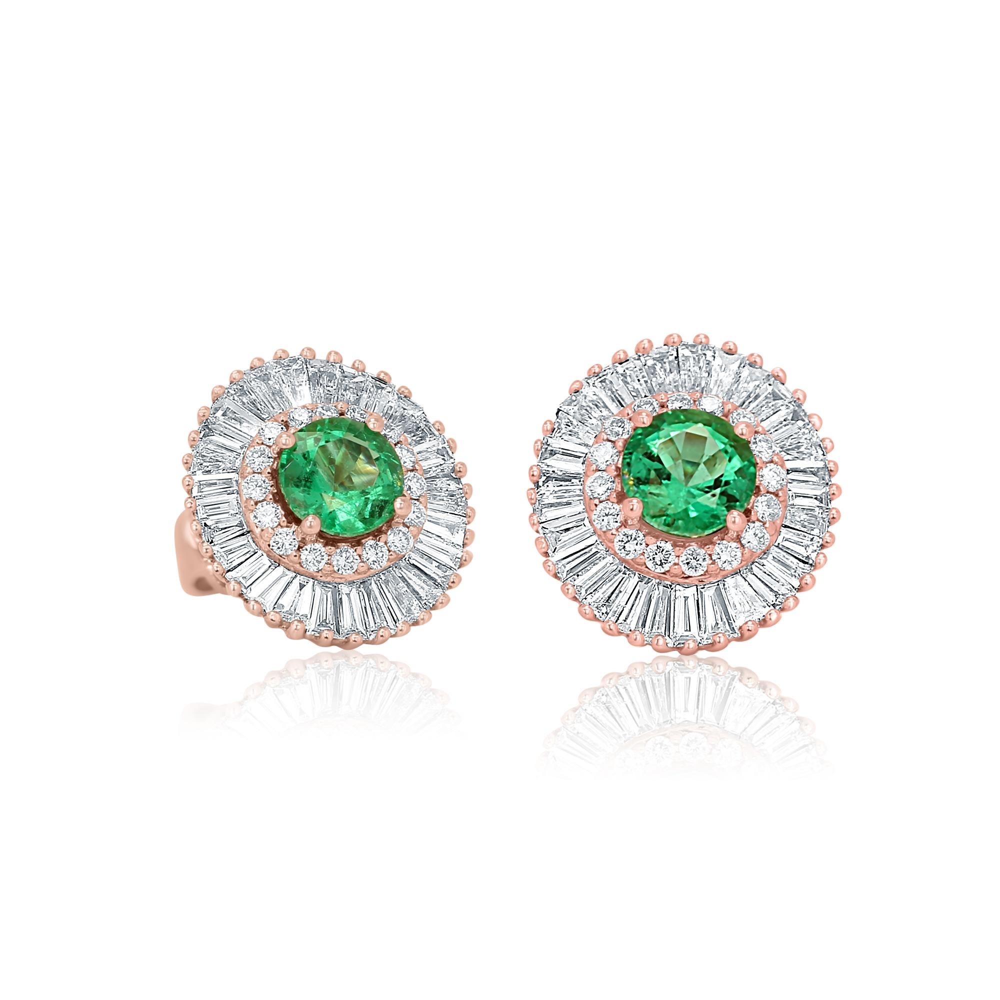 
Art Deco Style Gorgeous Emerald Round 1.10 Carat encircled in a Double Halo of White Round Diamonds 0.22 Carat and White Baguette Diamond 0.98 Carat in 14K Rose Gold Stunning Ballerina Style Stud Earring.

Center Emerald Weight 1.10 Carat
TOTAL