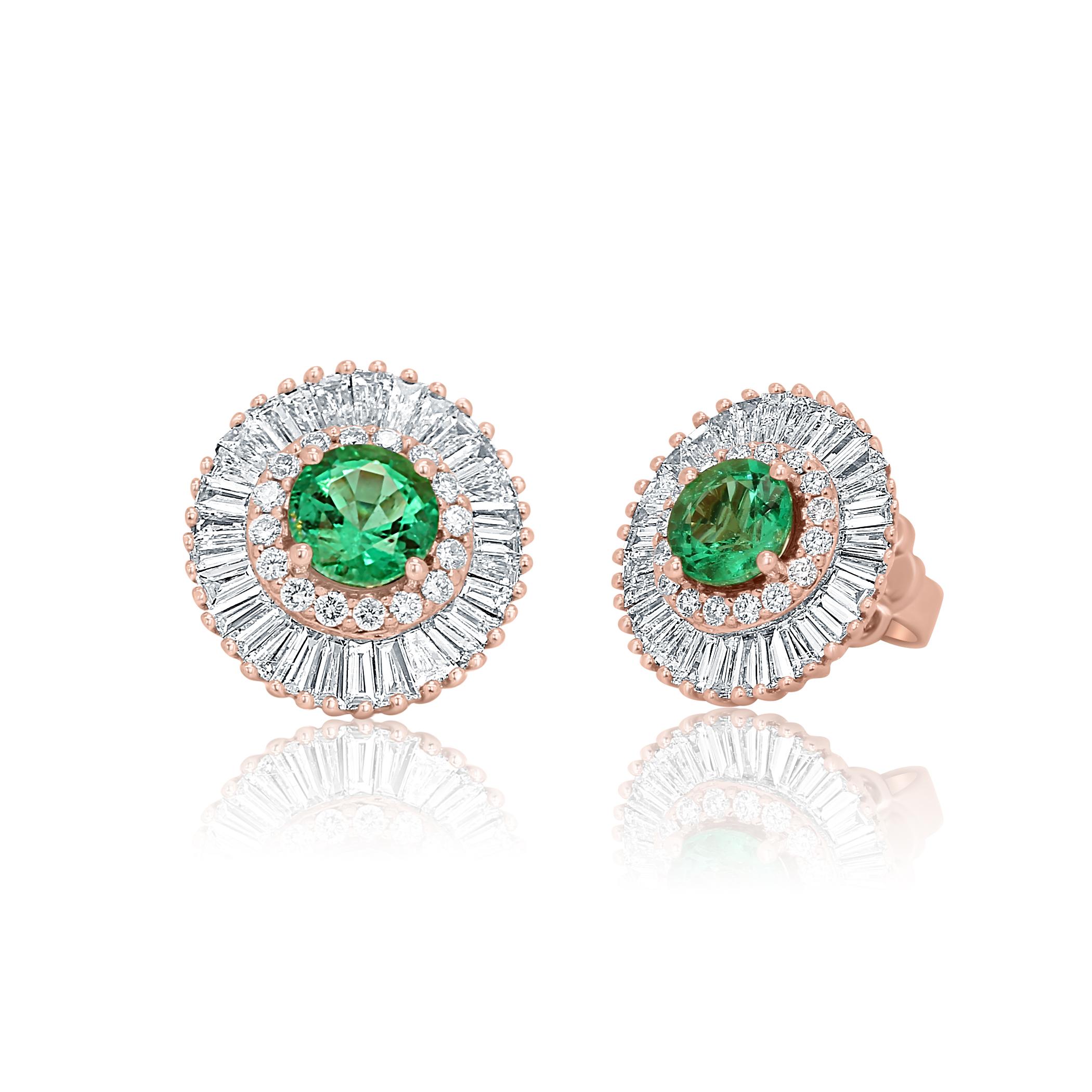 Round Cut Emerald Round Diamond Double Halo Gold Ballerina Art Deco Style Stud Earring