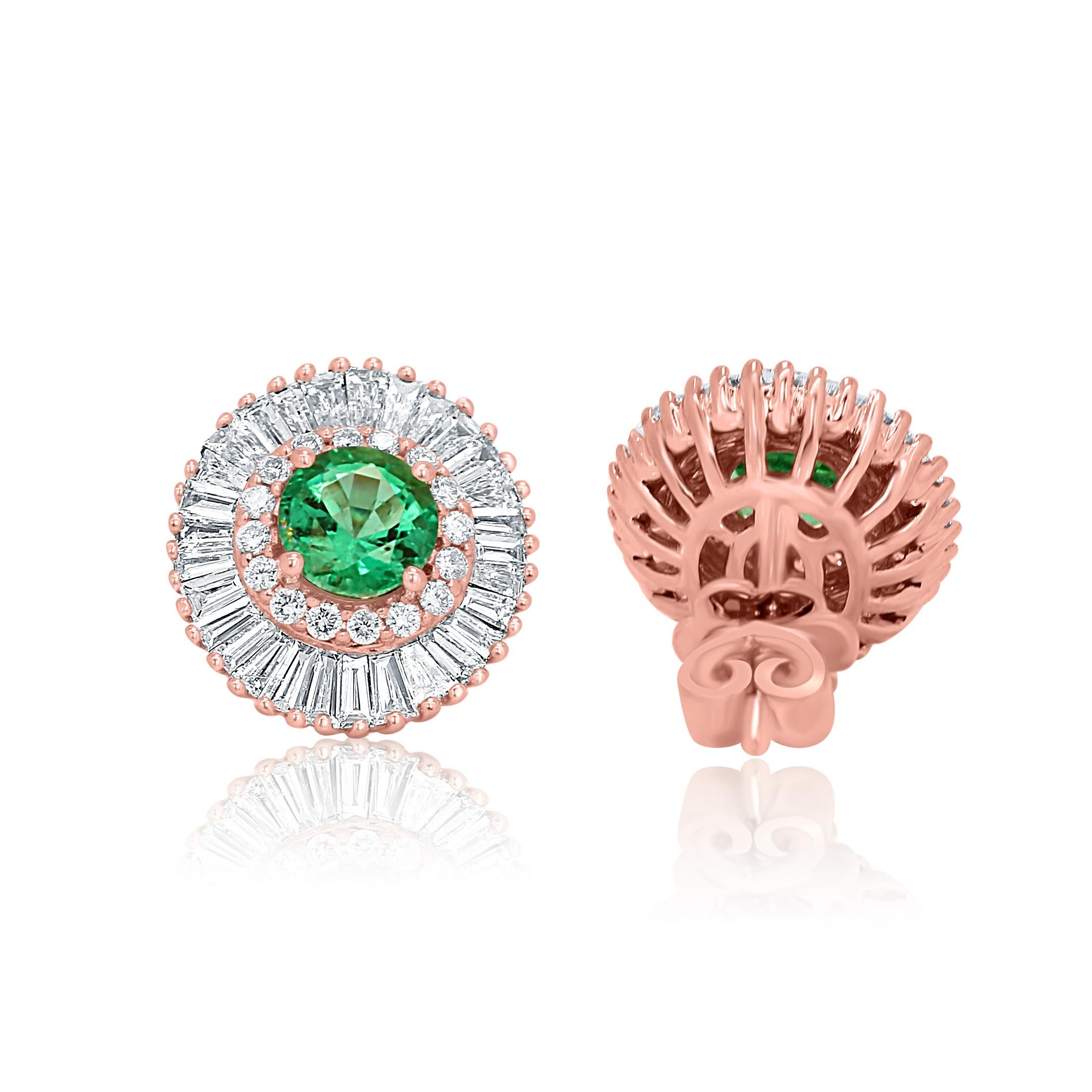 Women's or Men's Emerald Round Diamond Double Halo Gold Ballerina Art Deco Style Stud Earring