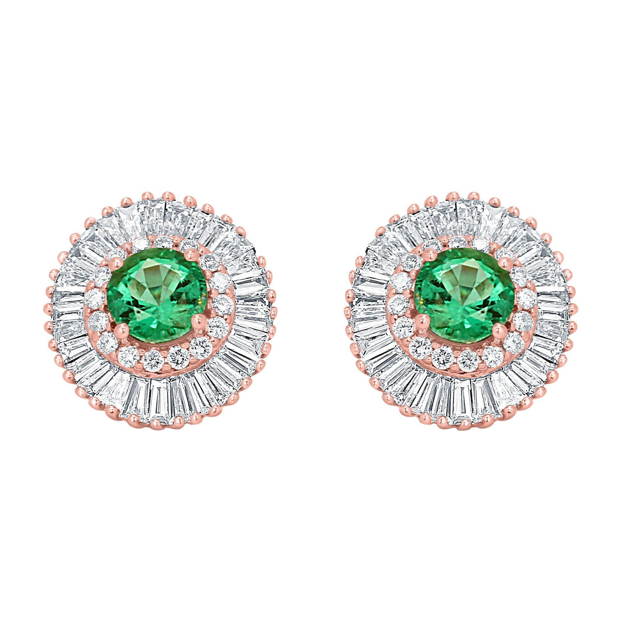 Emerald Round Diamond Double Halo Gold Ballerina Art Deco Style Stud Earring