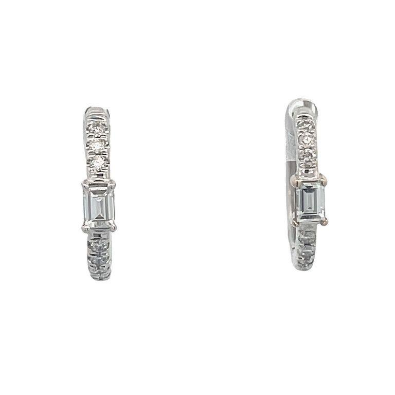 Emerald Cut Emerald & Round Diamond English Lock Huggie Earrings 0.40ct in 18k White Gold For Sale