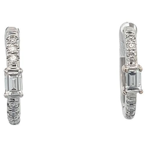 Emerald & Round Diamond English Lock Huggie Earrings 0.40ct in 18k White Gold For Sale