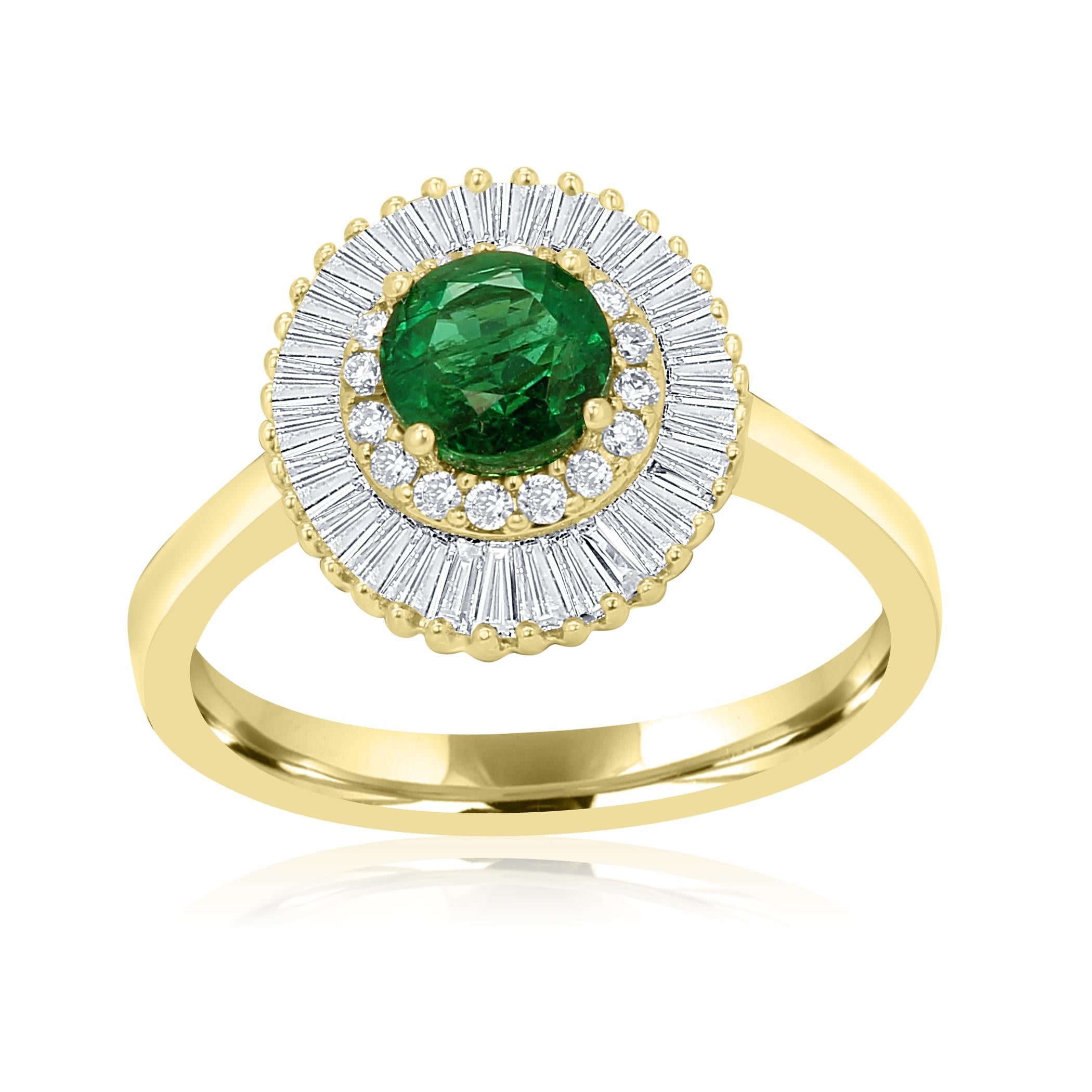 Emerald round 0.81 Carat Encircled in Double Halo of Colorless Round Brilliant VS SI clarity 0.11 Carat and Colorless Diamond Baguettes VS clarity 0.46 Carat in 14K Yellow Gold Bridal Cocktail Ballerina Art Deco Ring.

Total Stone weight 1.38