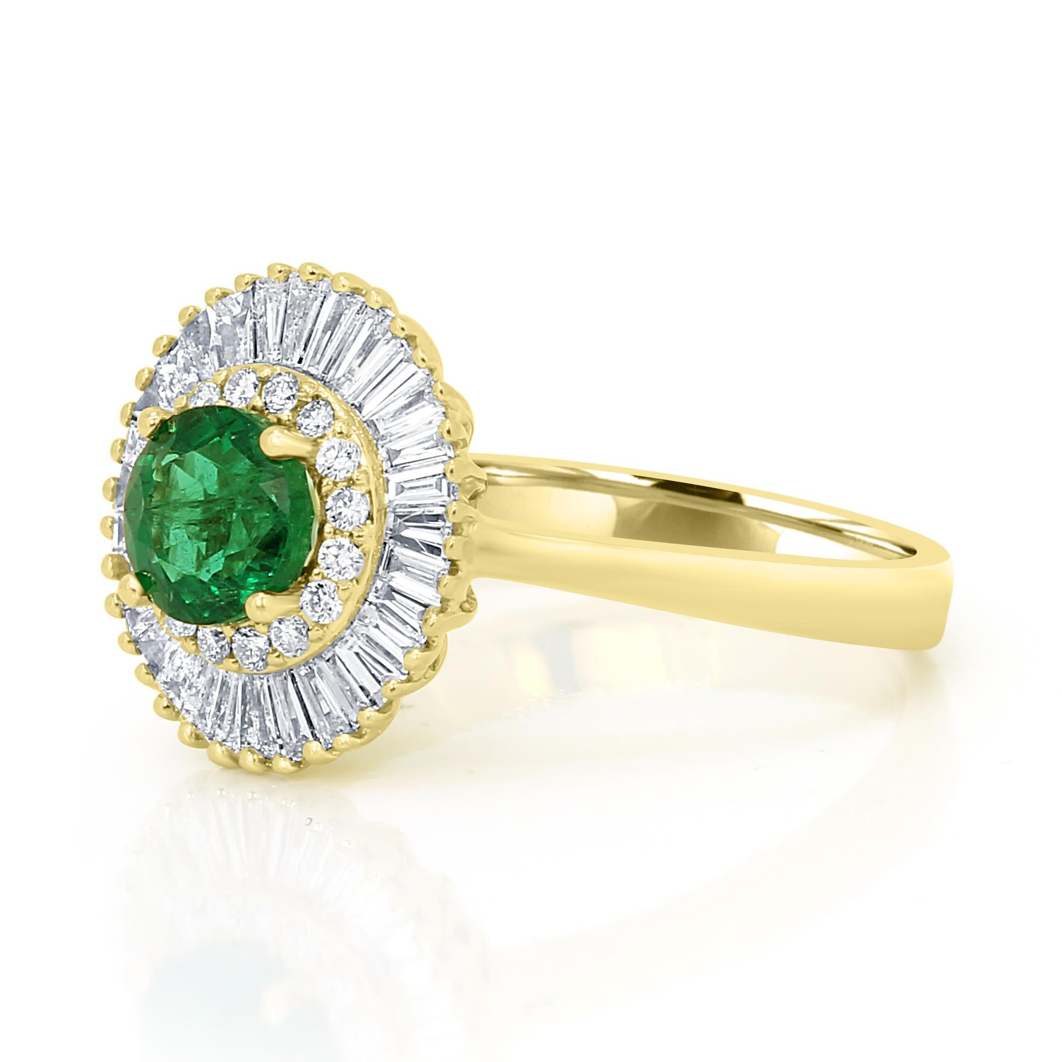 Round Cut Emerald Round Diamond Halo Gold Art Deco Style Ballerina Bridal Cocktail Ring