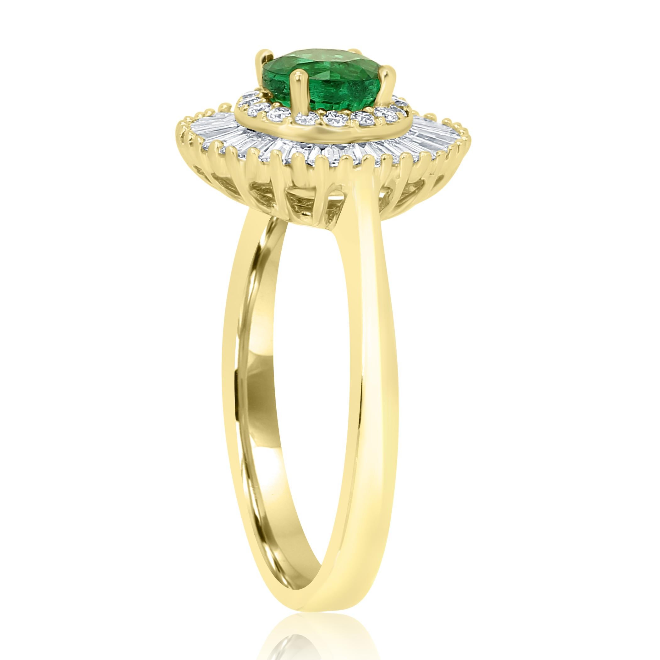 Emerald Round Diamond Halo Gold Art Deco Style Ballerina Bridal Cocktail Ring In New Condition In NEW YORK, NY