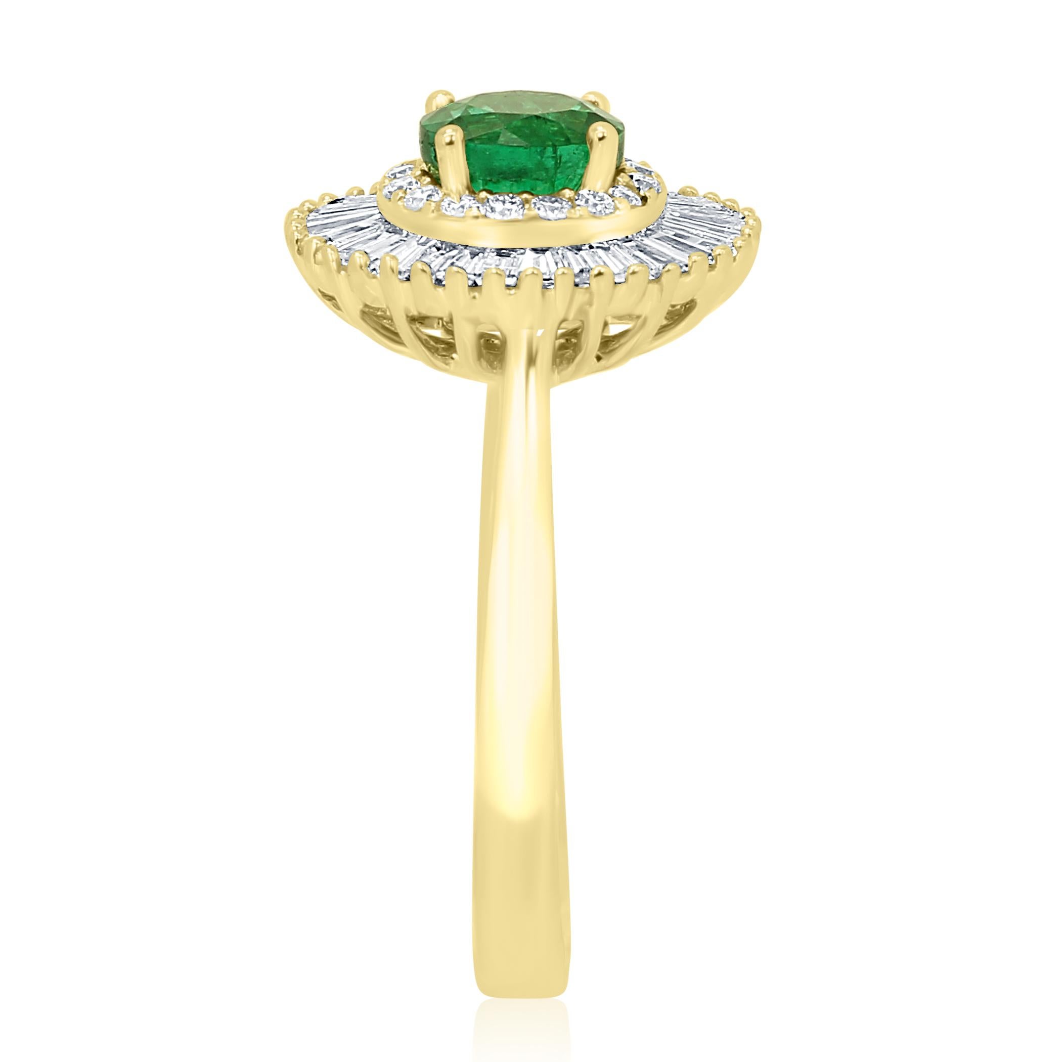Women's or Men's Emerald Round Diamond Halo Gold Art Deco Style Ballerina Bridal Cocktail Ring