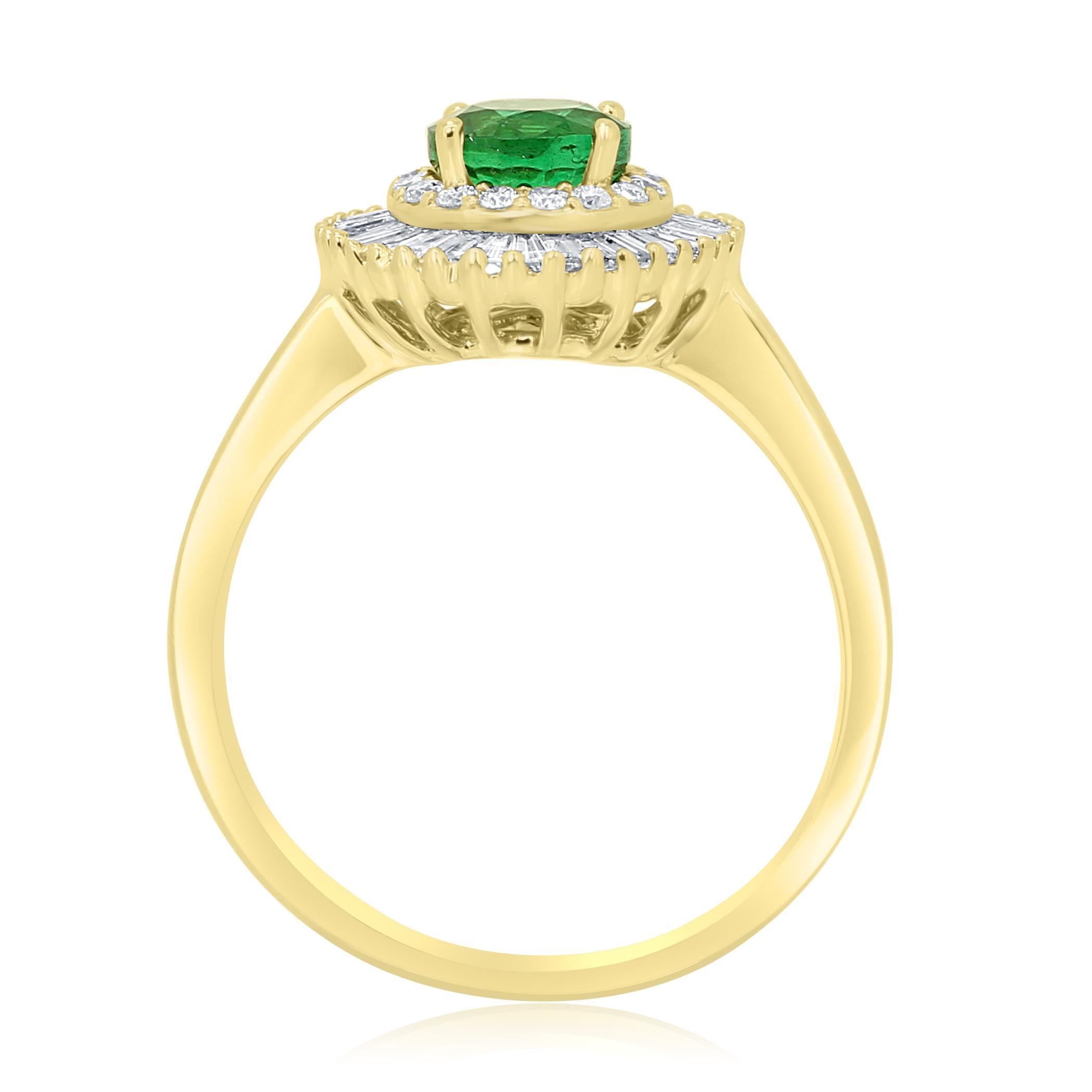 Emerald Round Diamond Halo Gold Art Deco Style Ballerina Bridal Cocktail Ring 1