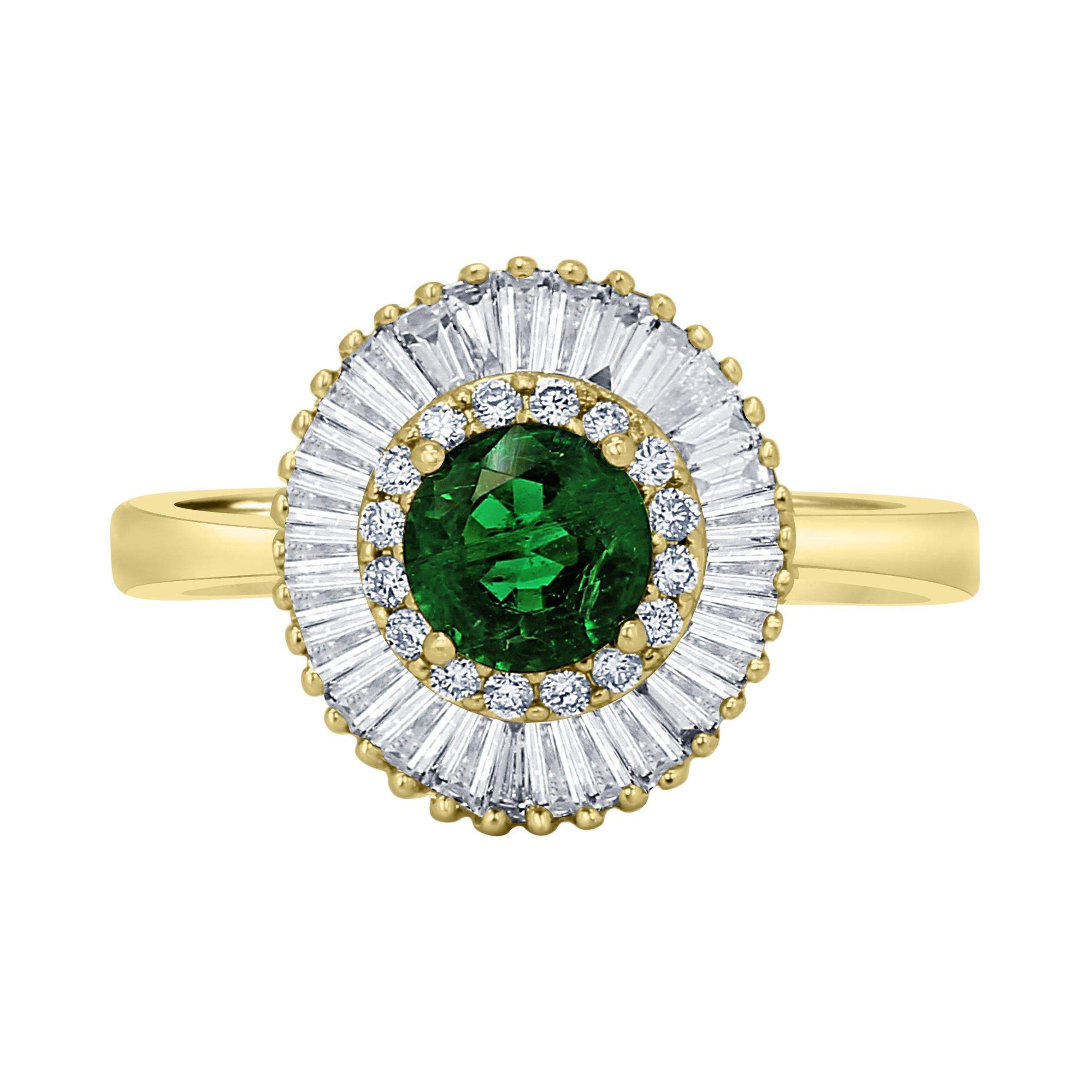 Emerald Round Diamond Halo Gold Art Deco Style Ballerina Bridal Cocktail Ring