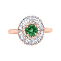 Emerald Round Diamond Halo Gold Art Deco Style Ballerina Bridal Cocktail Ring